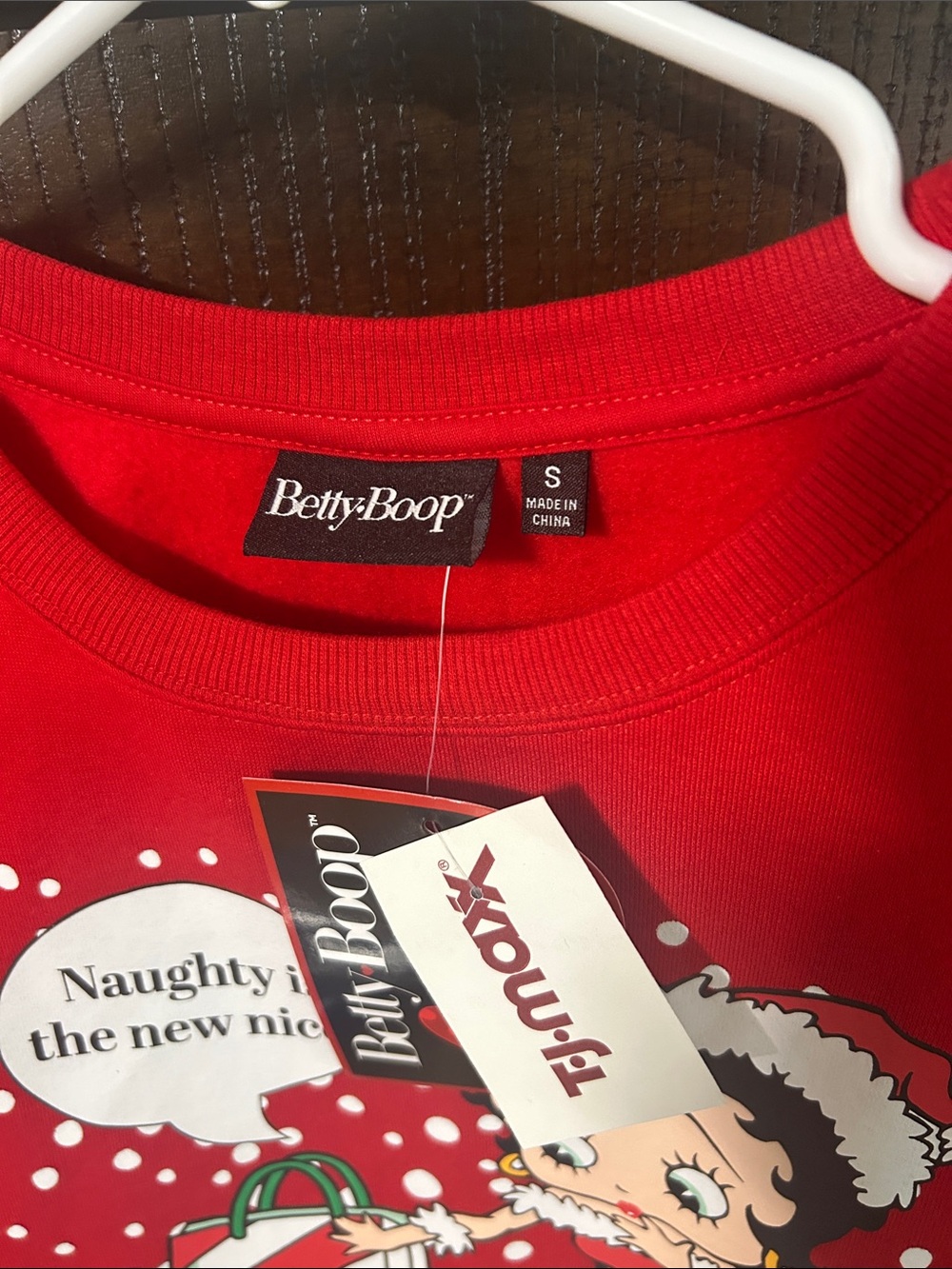Betty Boop Red Holiday Sweatshirt with Gift Graphic - Picture 2 of 4